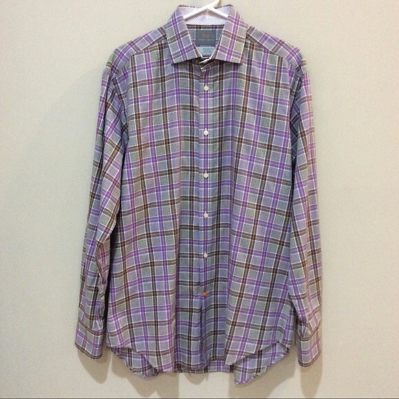 Thomas Dean Purple Plaid Shirt Button Front Long Sleeve Sz Med Contrast Cuffs - Picture 1 of 4